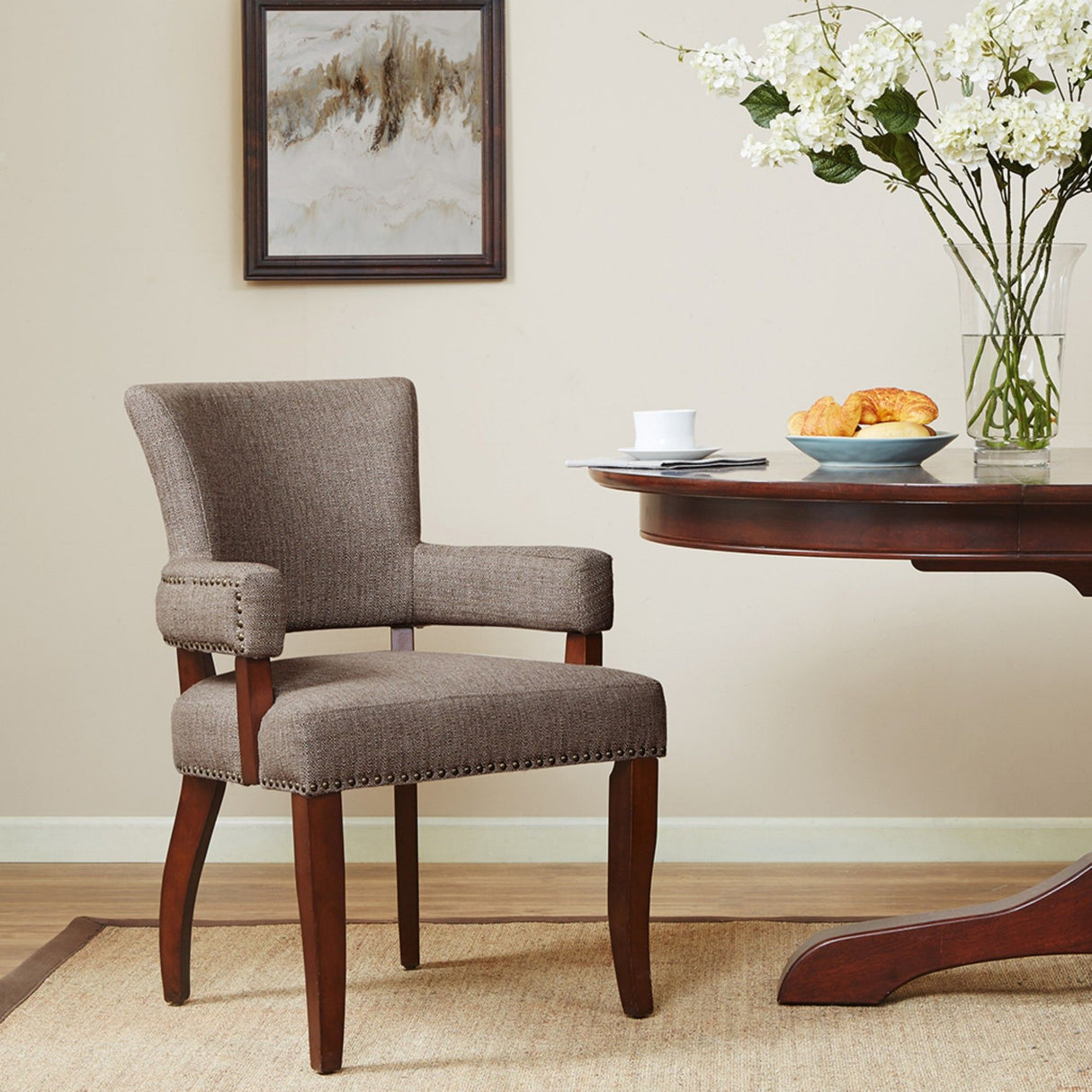 Elegant Arm Dining Chair With Brass Nail Head Detailing