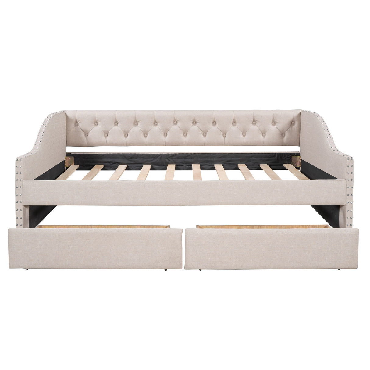 Upholstered Daybed With Two Drawers, Wood Slat Support