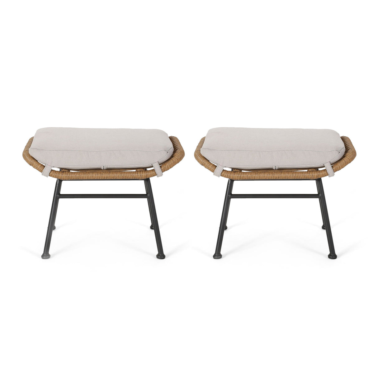 Outdoor Modern Boho Wicker Ottoman With Cushions (Set of 2)