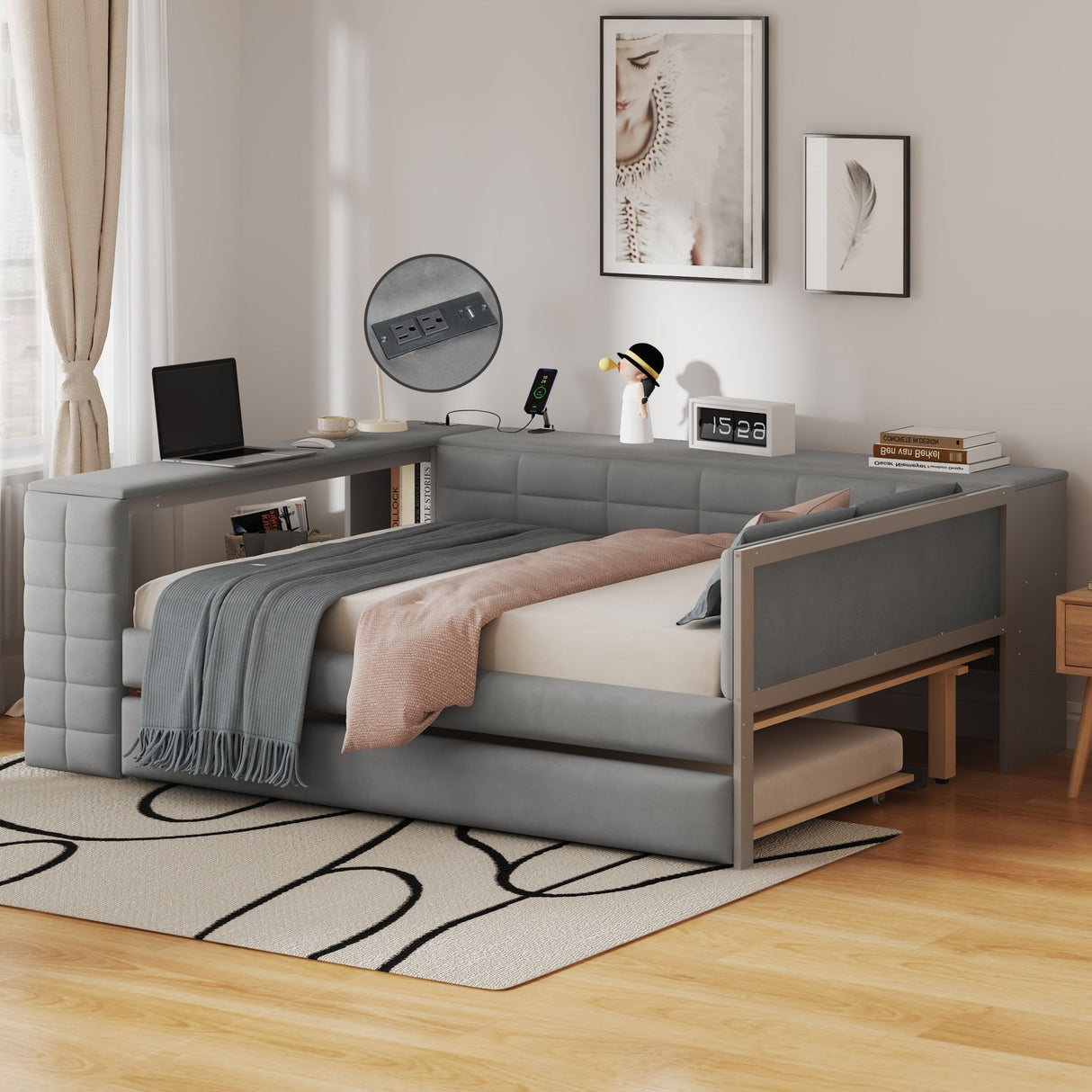 Upholstered Platform Bed With Storage Shelves, Desk, Charging Station And Trundle