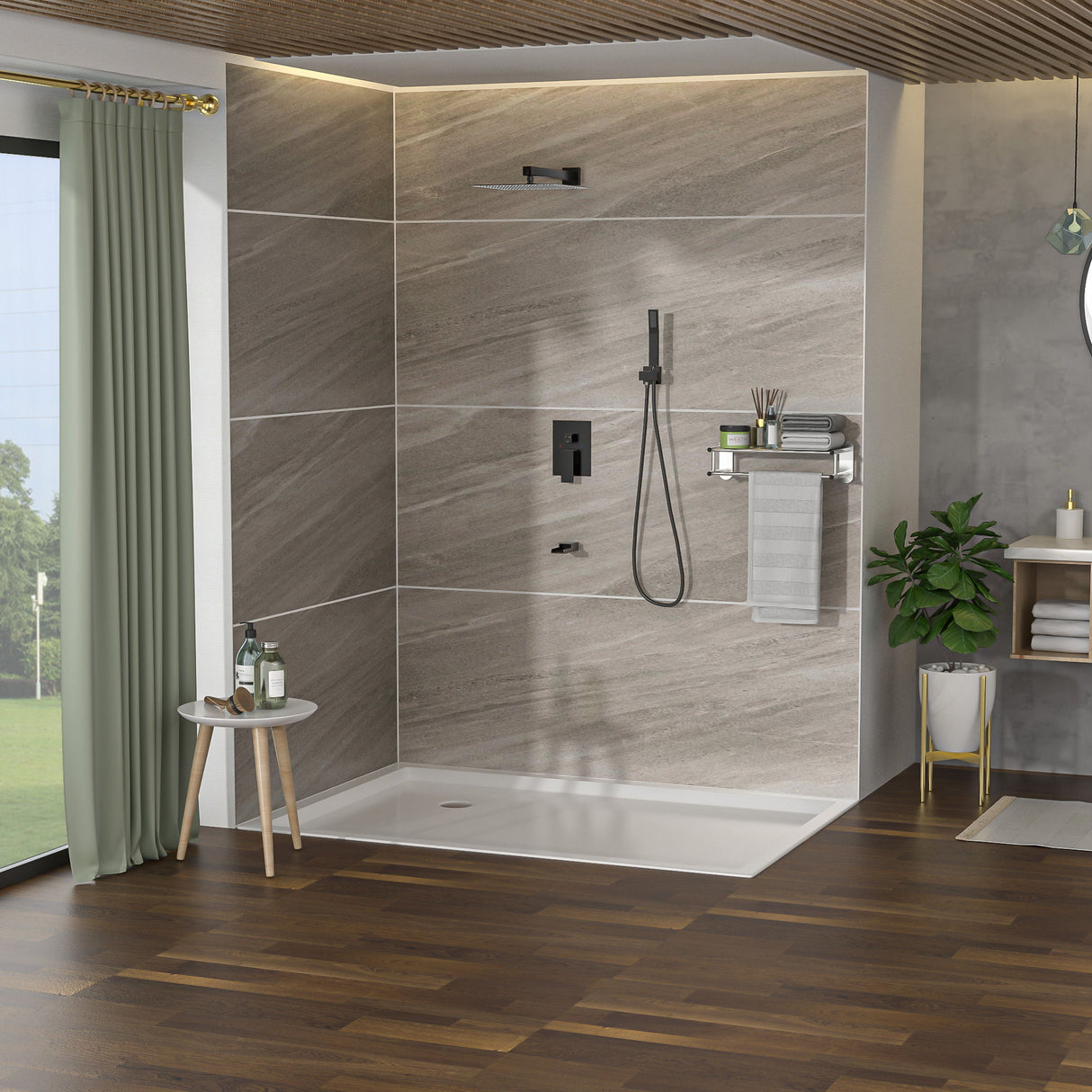 Wall Mounted Square Shower System With Waterfall Tub Spout And 12" Shower Head - Oil-Rubbed Bronze
