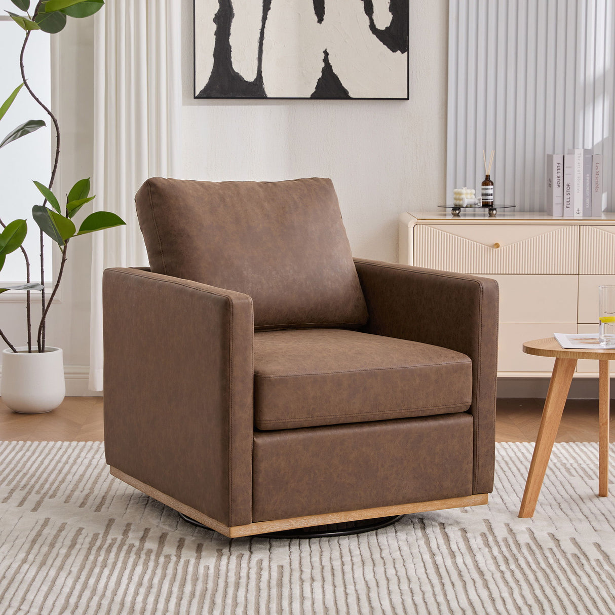 Modern Upholstered Square Swivel Accent Chair With 360 Degree Rotation