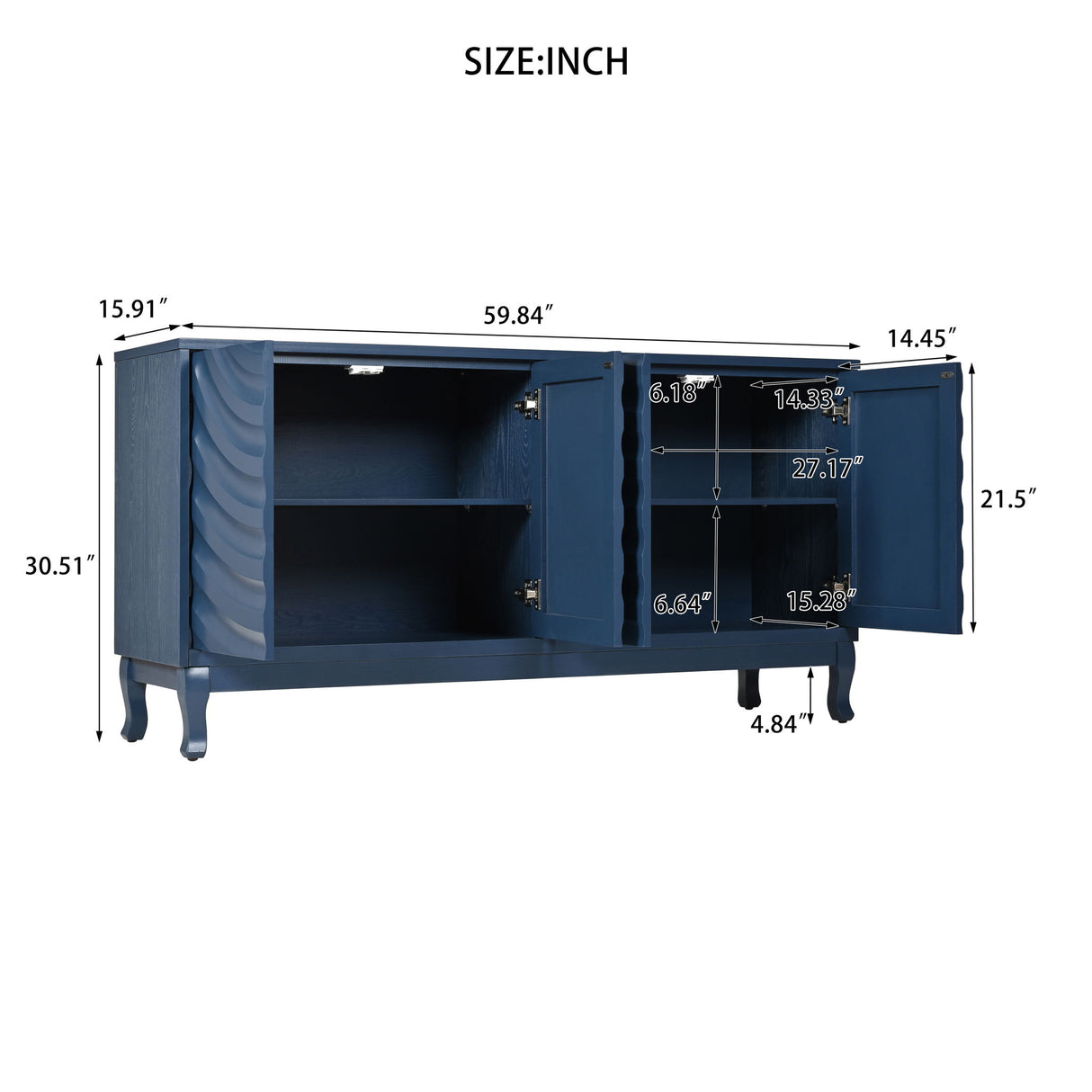 Elegant Sideboard With Sophisticated Wavy Pattern Doors And Arched Groove Design, Adjustable 4 Door Layout