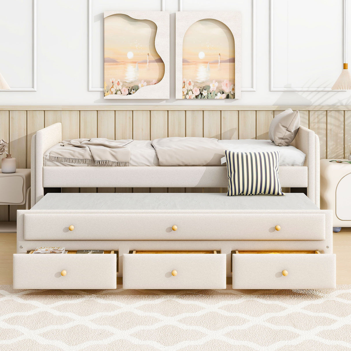 Upholstered Daybed With Trundle And Drawers