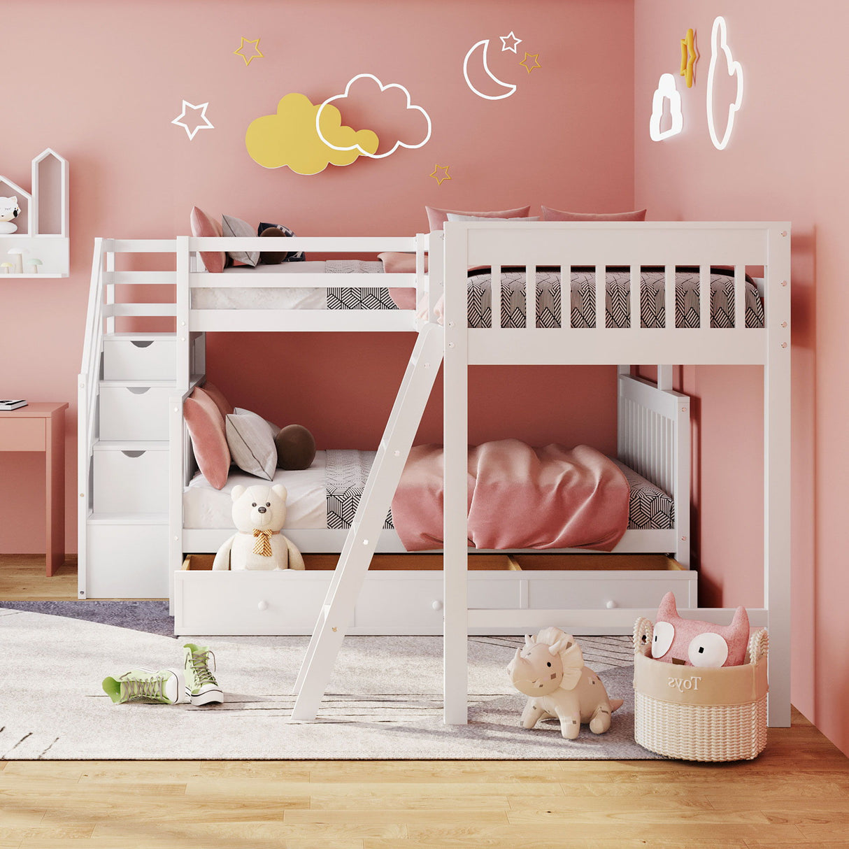 Solid L Shaped Bunk Bed With 3 Drawers, Ladder And Staircase