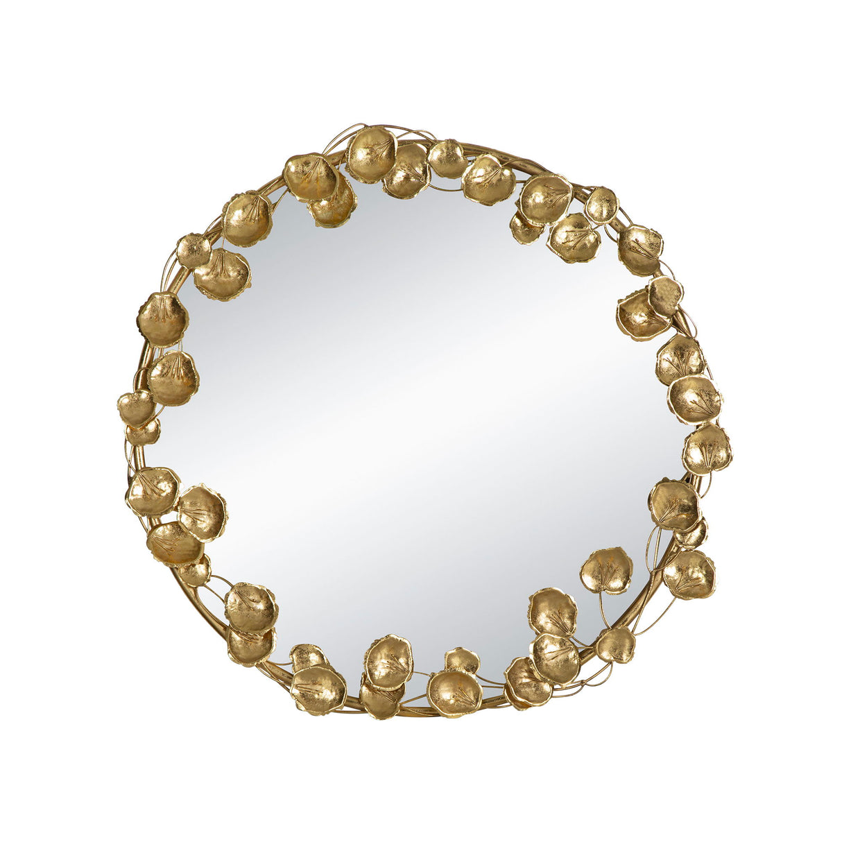 Round Metal Wall Mirror With en Leaf Accents, Modern Decor Mirror For Living Room Entryway Hallway - Gold