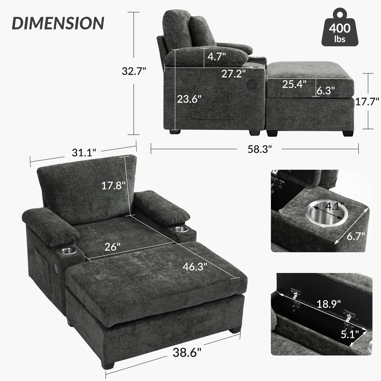 Modern Oversized Chair With Ottoman, Cupholders And USB Charging Ports