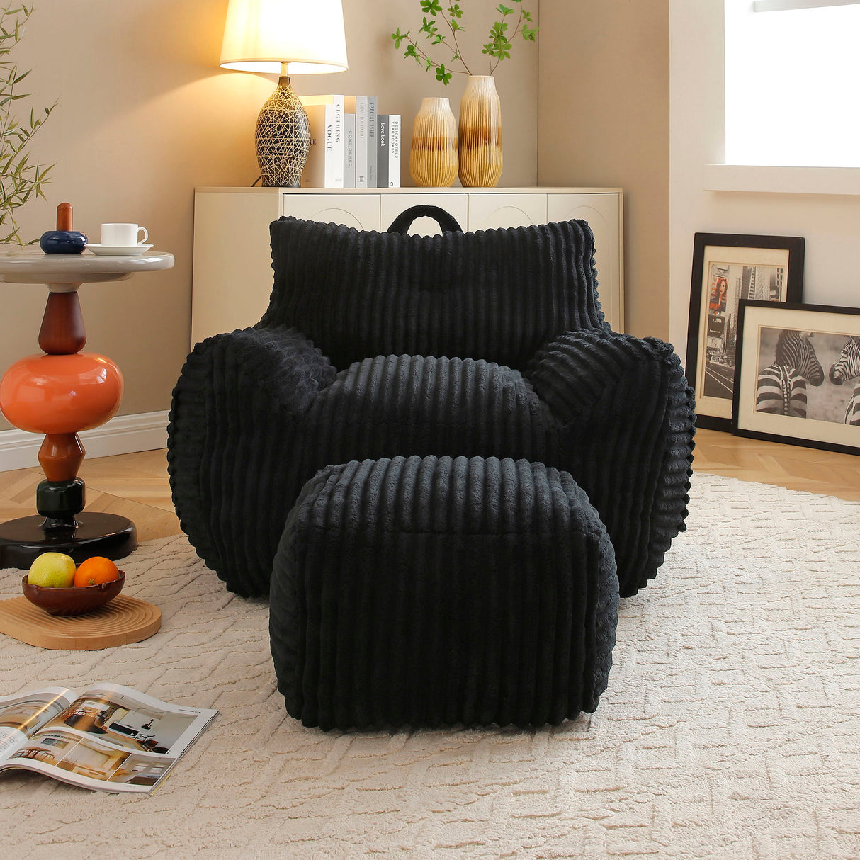Giant Plush Bean Bag Chair With Armrests And Footstool