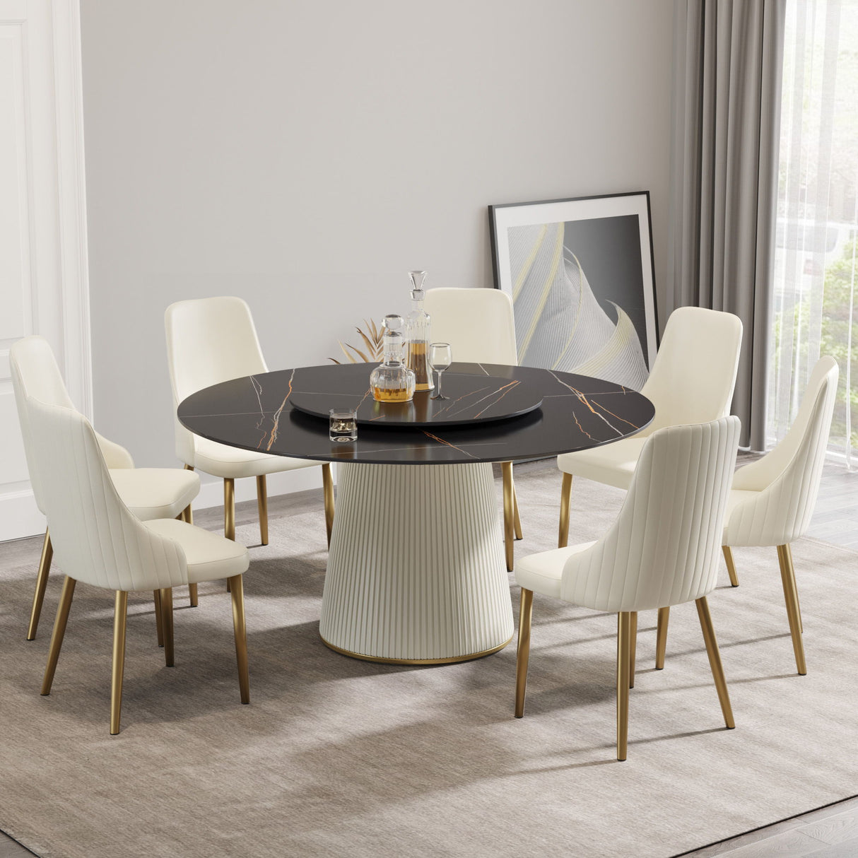 Modern Artificial Stone Round Plywood Base Dining Table, Can Accommodate 8 People Artificial Stone Turntable (Not Including Chairs) - Black / Beige
