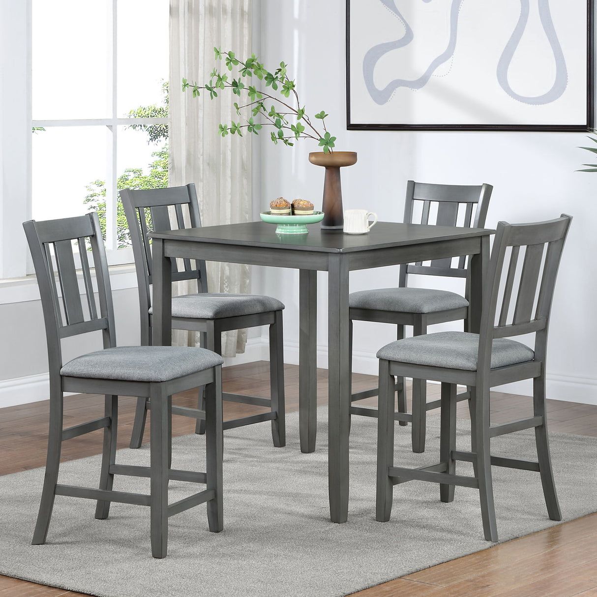 5 Pieces Dining Table Set, Counter Height Kitchen Table Set With Square Table And 4 Upholstered Chairs
