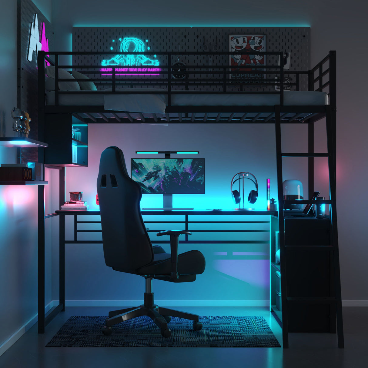 Loft Bed With LED Desk And 4 Storage Shelves
