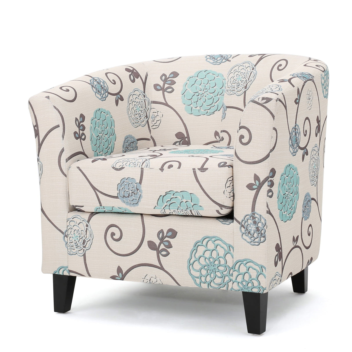 Club Chair With Floral Pattern And Solid Wood Legs - Multi Color