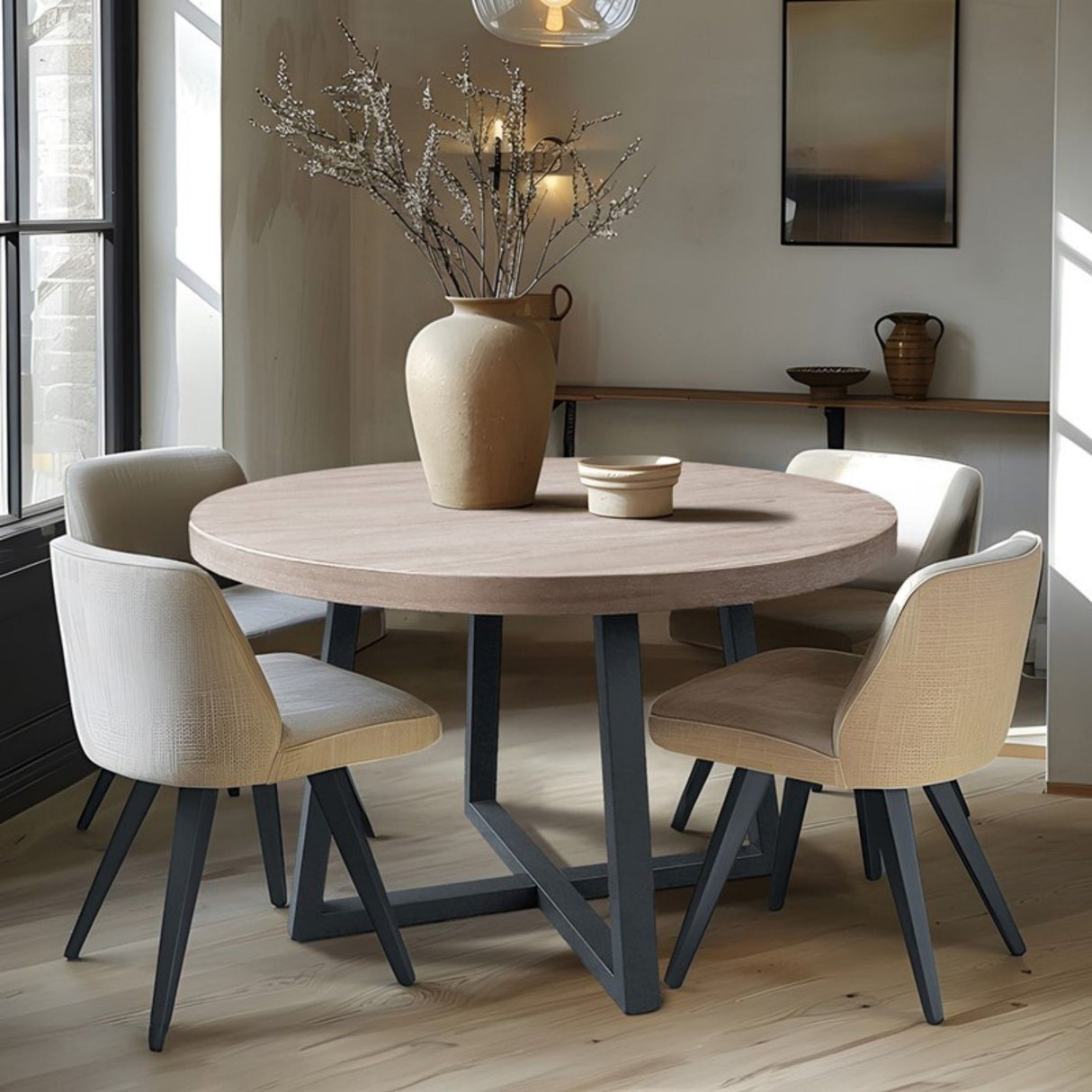 Round Dining Table With Wire Brushed Mindi Top And Mahogany Base - Wheat