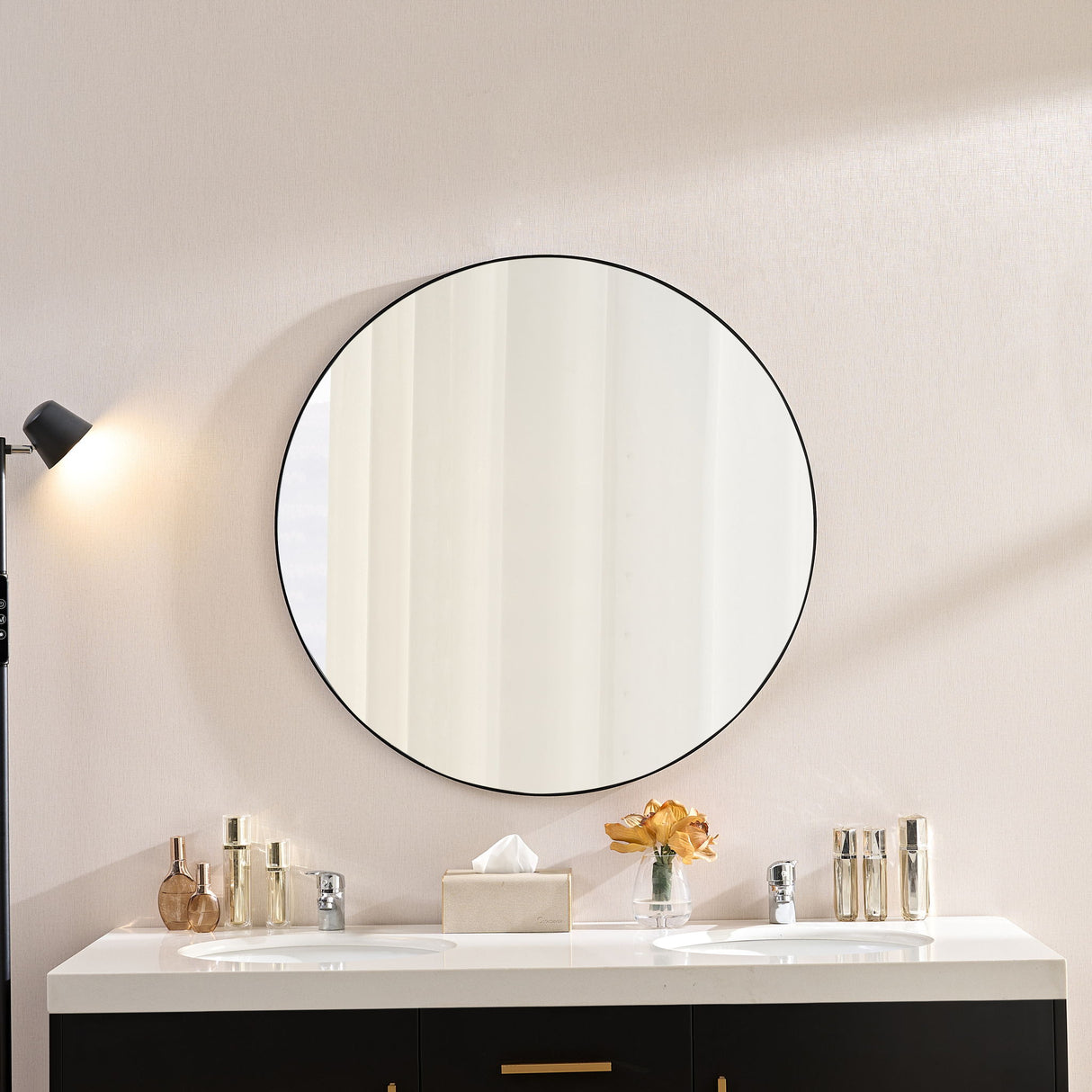 Wall Circular Framed Vanity Mirror For Bathroom, Living Room Decor - Black