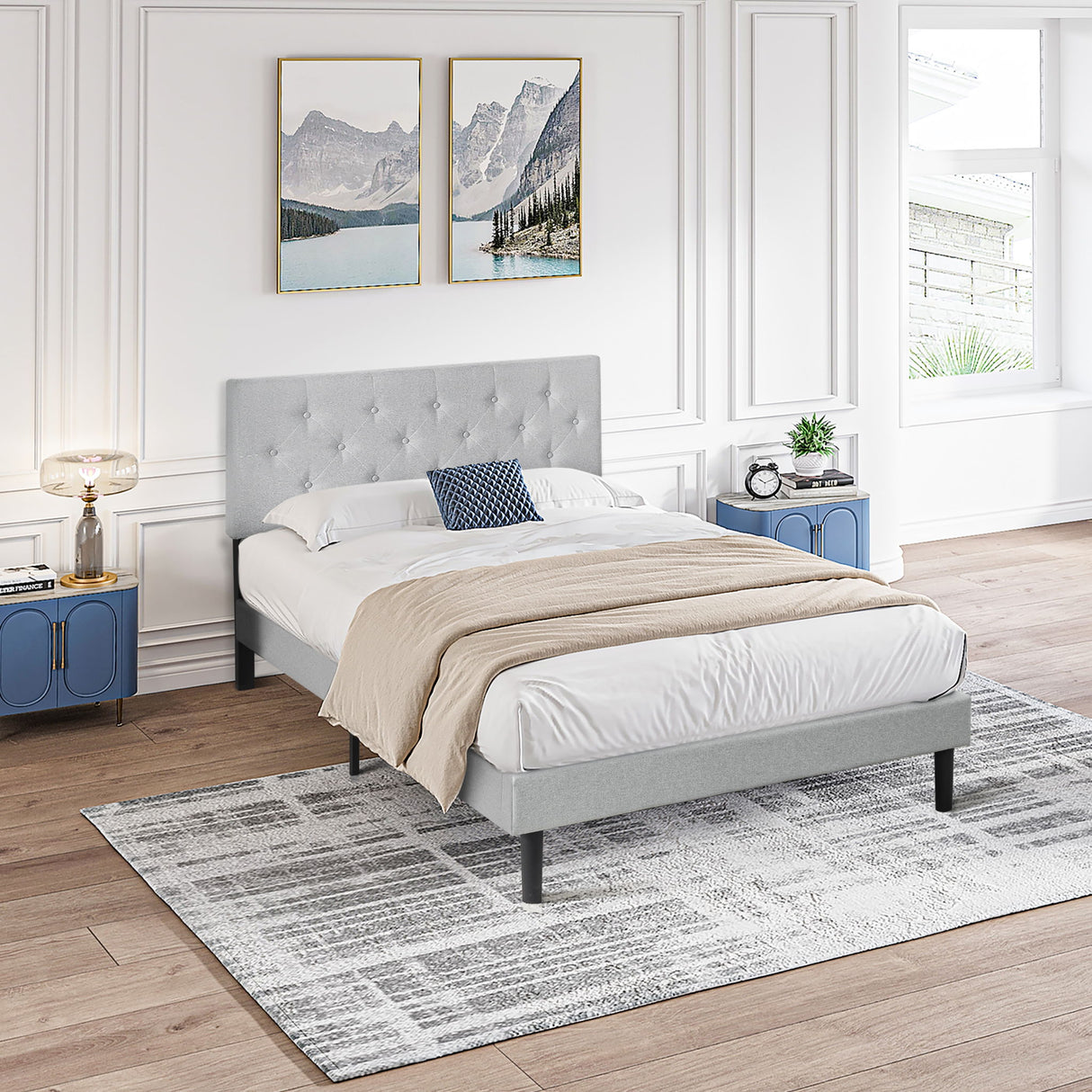 Modern Upholstered Platform Bed Frame With Button Tufted Linen Fabric Headboard