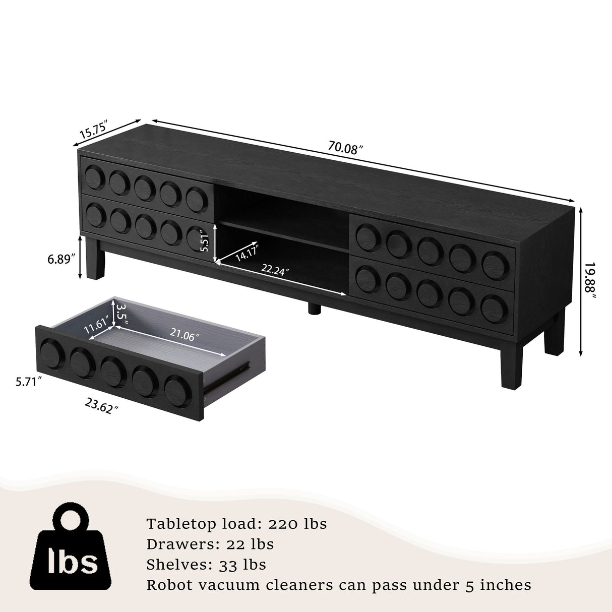 Media Console With 4 Drawers And Cable Management