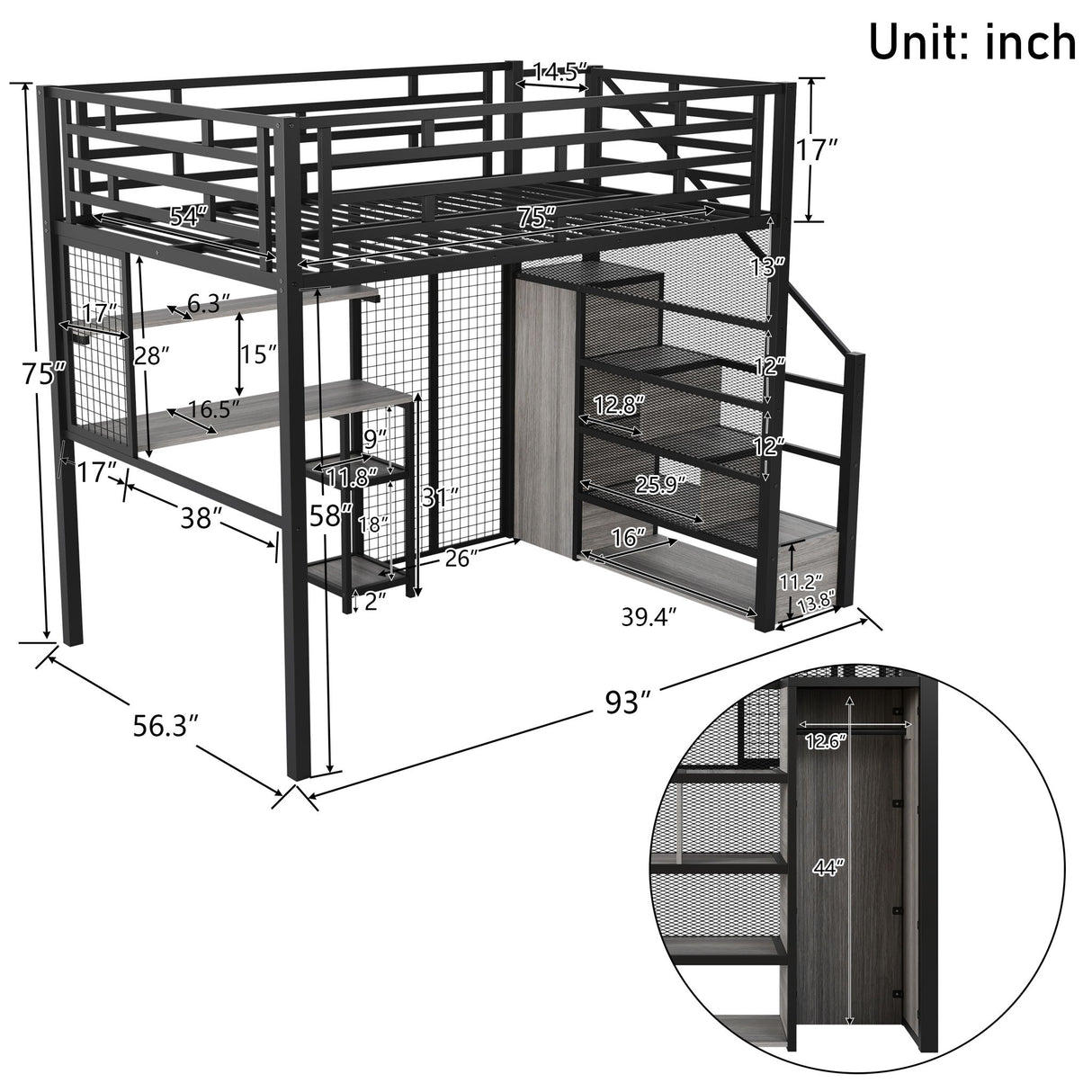 Metal Loft Bed With Wardrobe, Desk, Storage Shelves