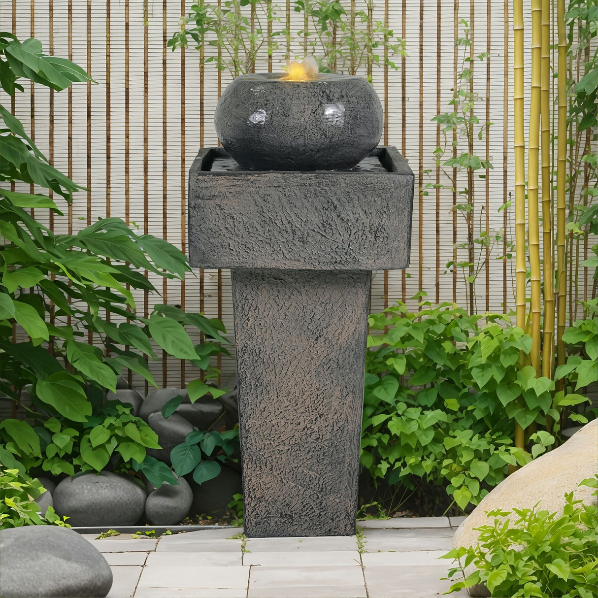 Minimalist Column Fountain With LED Lighting, Outdoor Decor For Patio, Porch And Garden - Gray