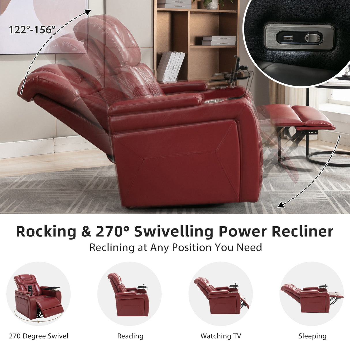270 Degree Swivel Power Recliner With Tray Table, Phone Holder, Cup Holder, USB Port