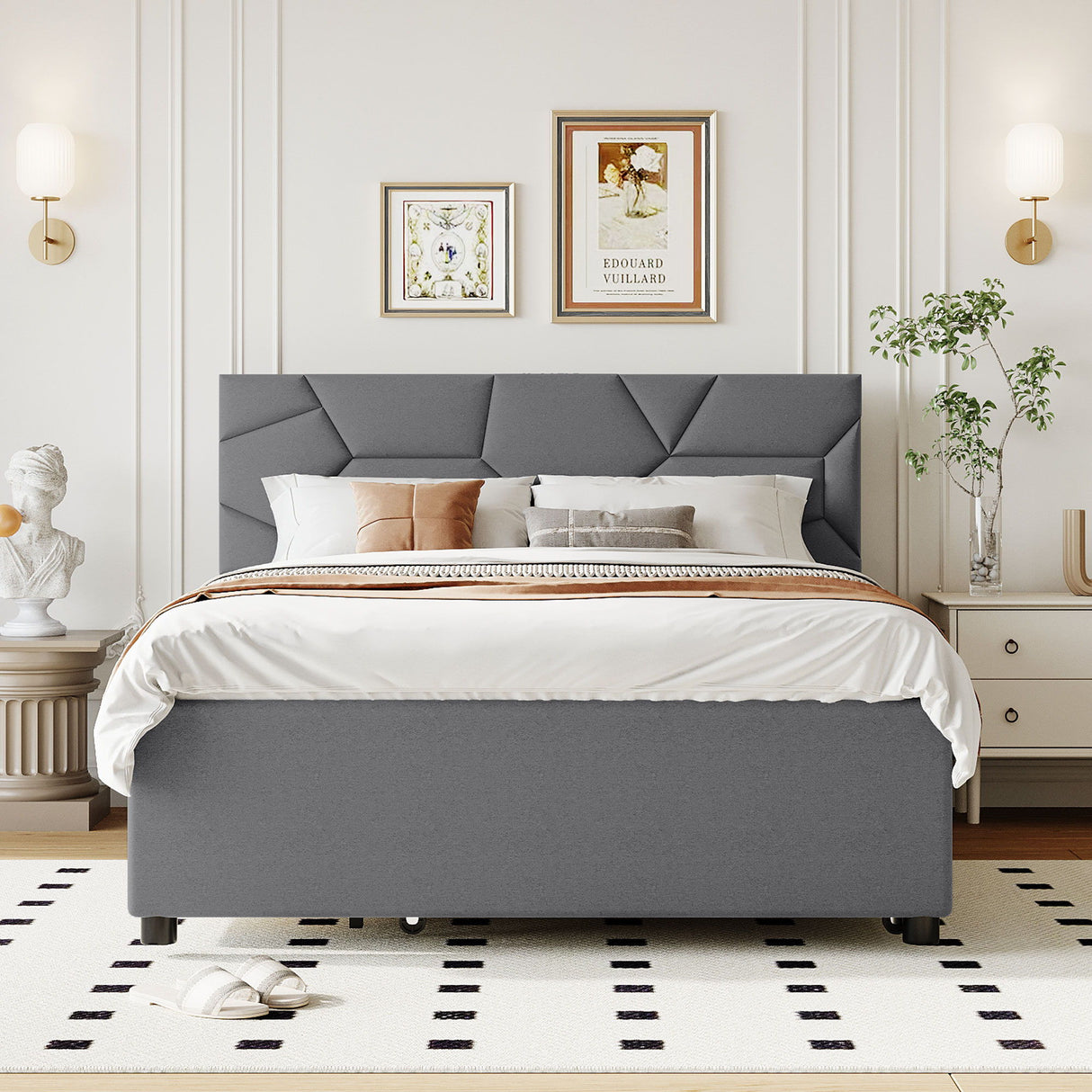 Upholstered Platform Bed With Brick Pattern Headboard And Twin Long Size Trundle
