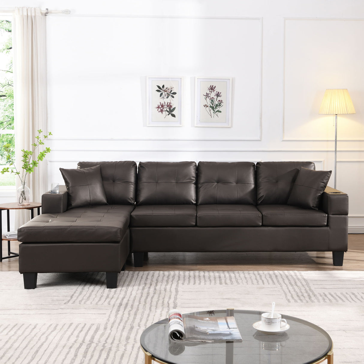 Modern Sectional Sofa Set With Chaise Lounge And Cup Holder