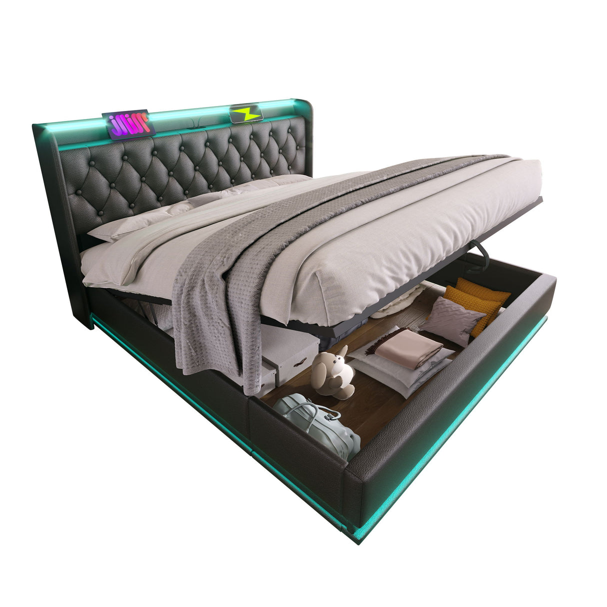 Upholstered Bed, 360 Surround LED Function, Remote Control, Hydraulic Storage Bed With USB, Type-C Charging (Without Mattress)