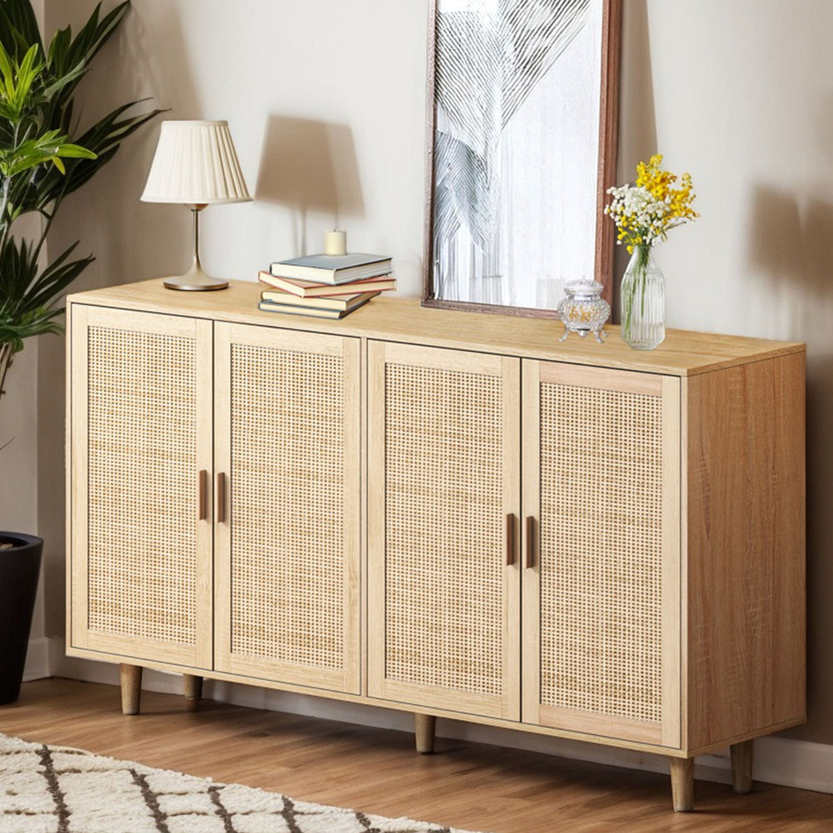 Elegant And Functional 4 Door Rattan Decorative Storage Cabinet