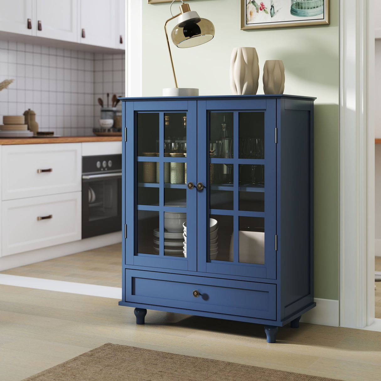Minimalist Buffet Cabinet With Double Glass Doors And Drawer