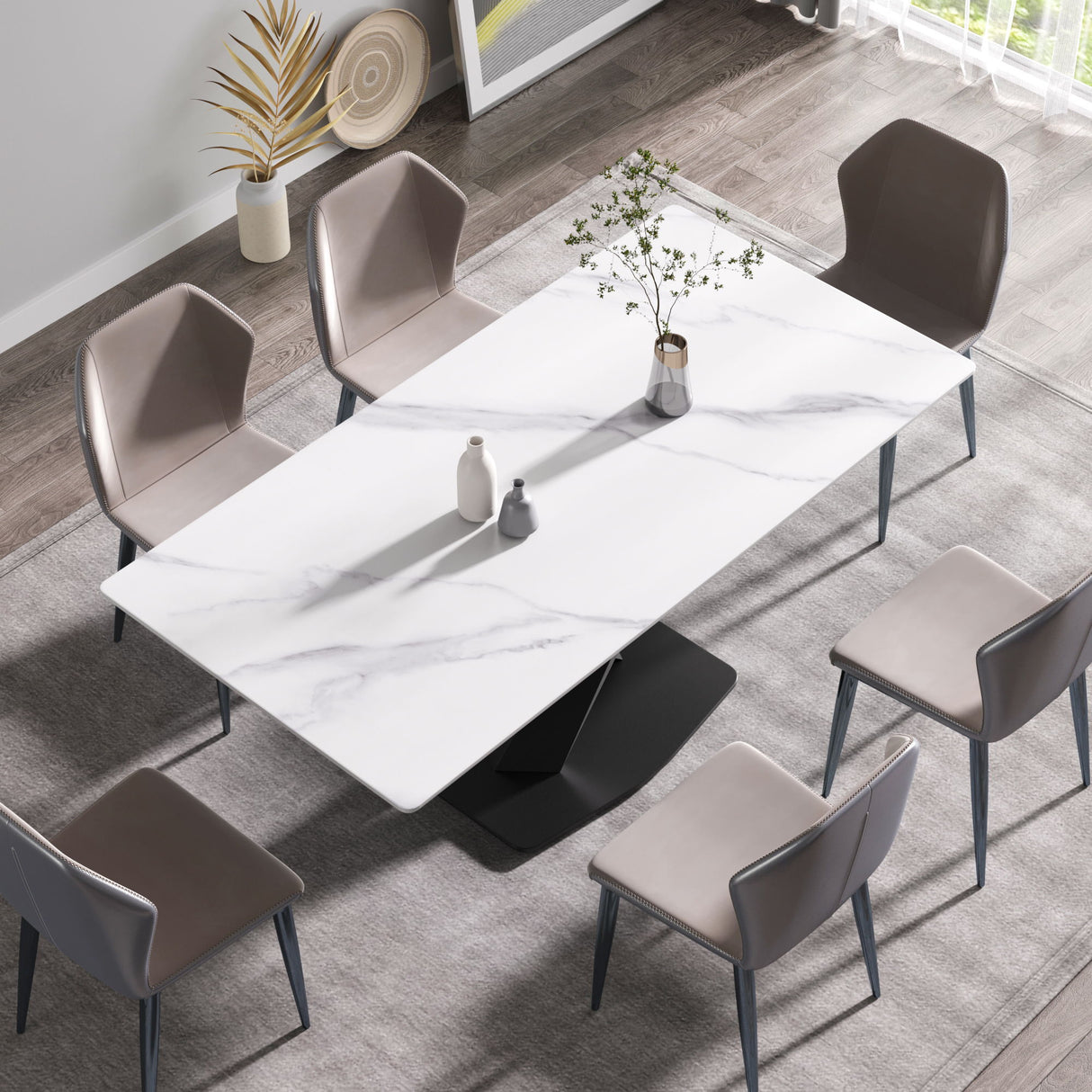 Modern Artificial Stone Straight Edge Metal X Leg Dining Table, 6 People