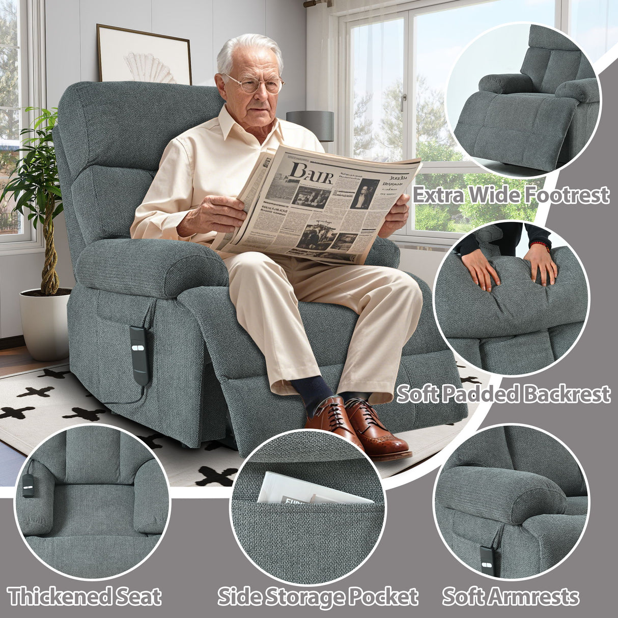 Oversized Power Lift Recliner Chai With Remote Control, Side Pocket, Spacious Seat