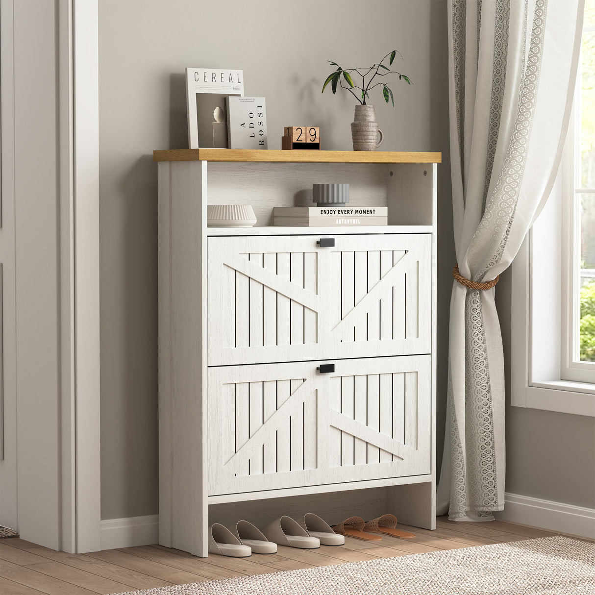 4 Layer Folding Shoe Cabinet With Metal Rounded Corners Convenient Shoe Storage - White