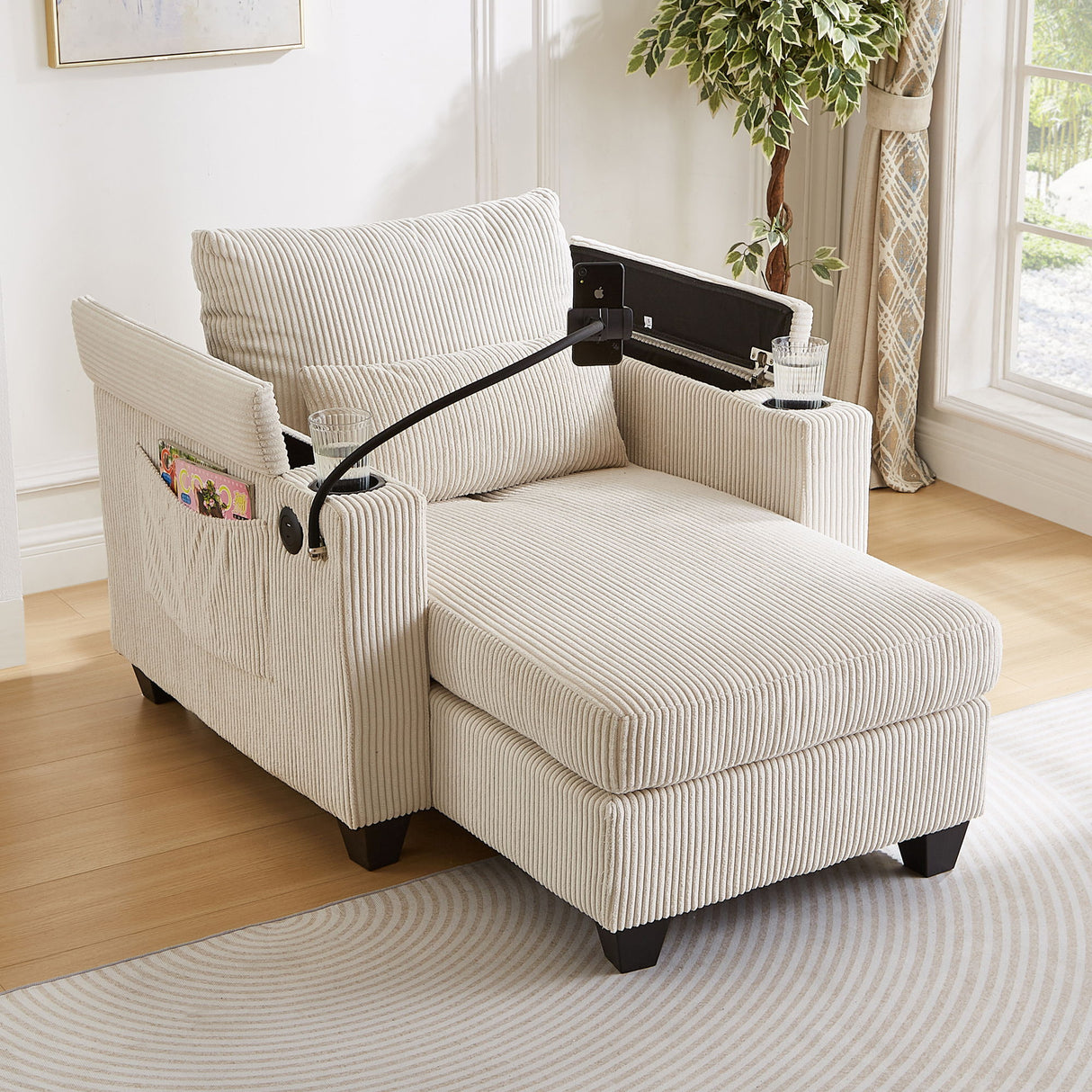 Convertible Chaise Lounge Sofa Chair With USB Ports, Cup Holders, Phone Holder And Storage