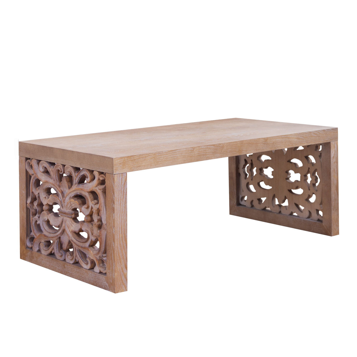 Rustic Carved Wood Coffee Table, Handcrafted Look With Ornate Side Panels