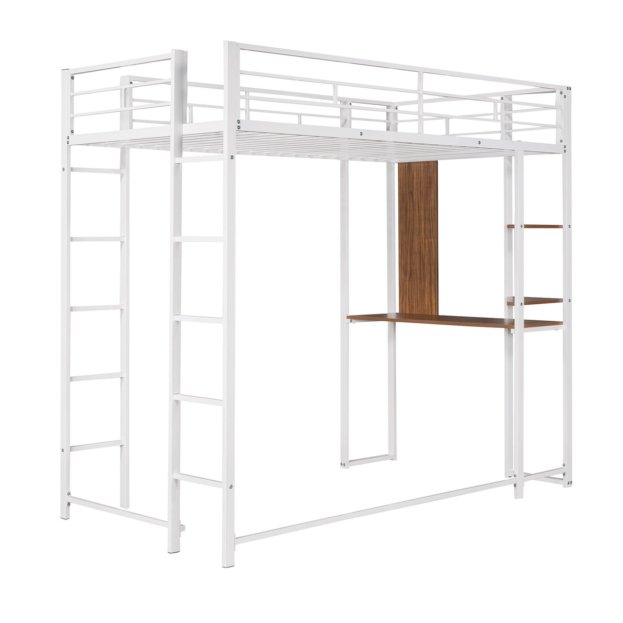 Hearth & Haven - Twin Metal Loft Bed With 2 Shelves And One Desk - White
