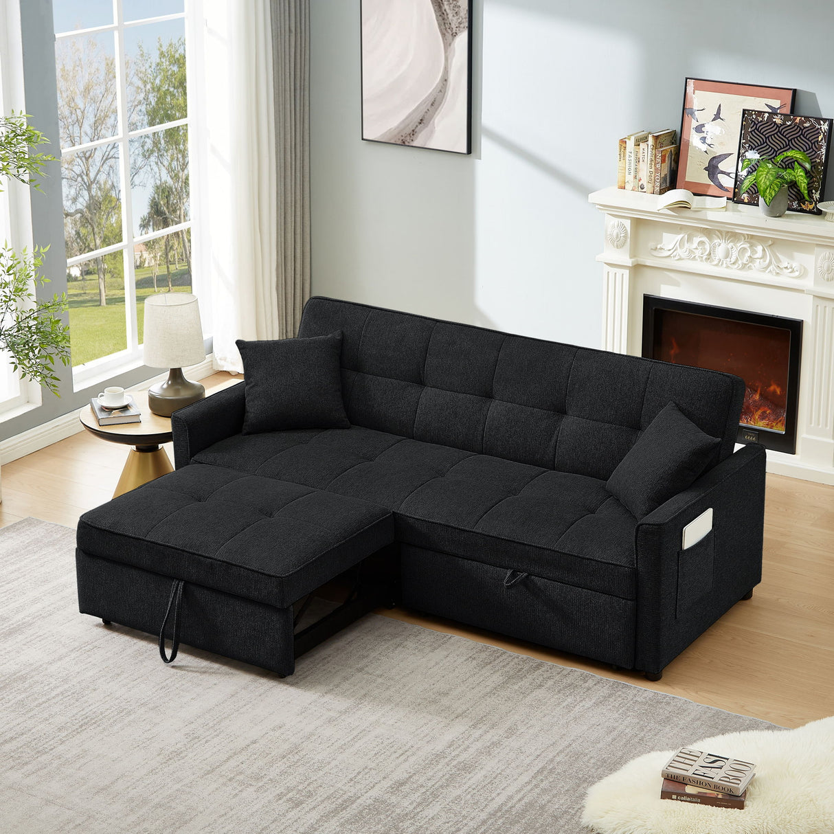 3 In 1 Convertible Sleeper Sofa Bed, Reclining Backrest, Pillows, Pockets