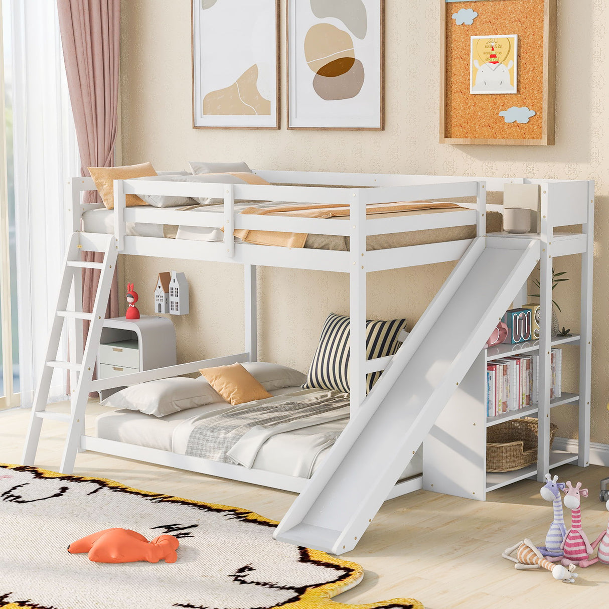 Bunk Bed With Ladder, Slide, And Shelves Pine Wood