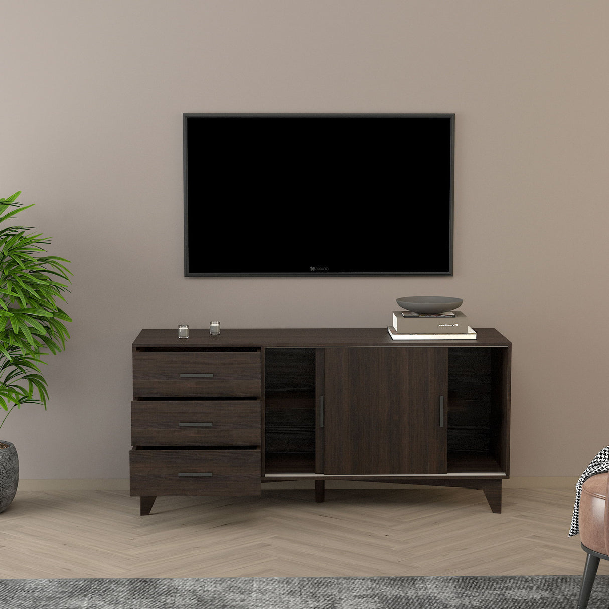 Parker - TV Stand With Sliding Doors And Drawers - Dark Brown
