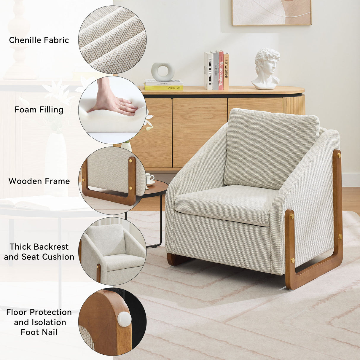 Modern Chenille Upholstered Armchair With Wooden Side Frame