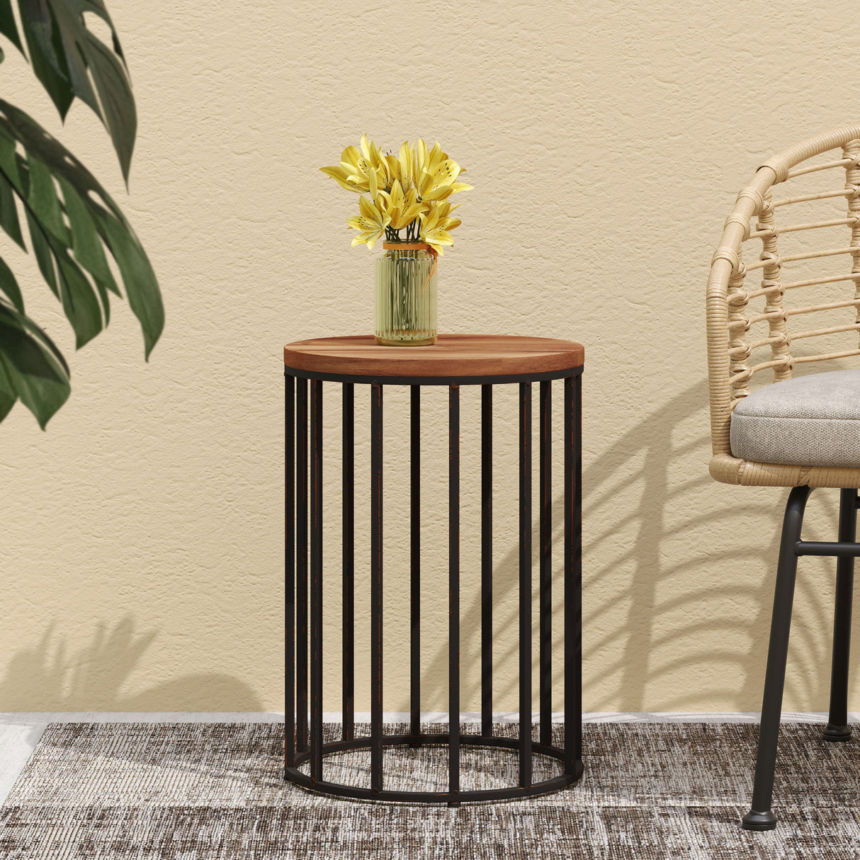 Outdoor Cylindrical Side Table With Round Solid Wood Top And Metal Frame - Natural
