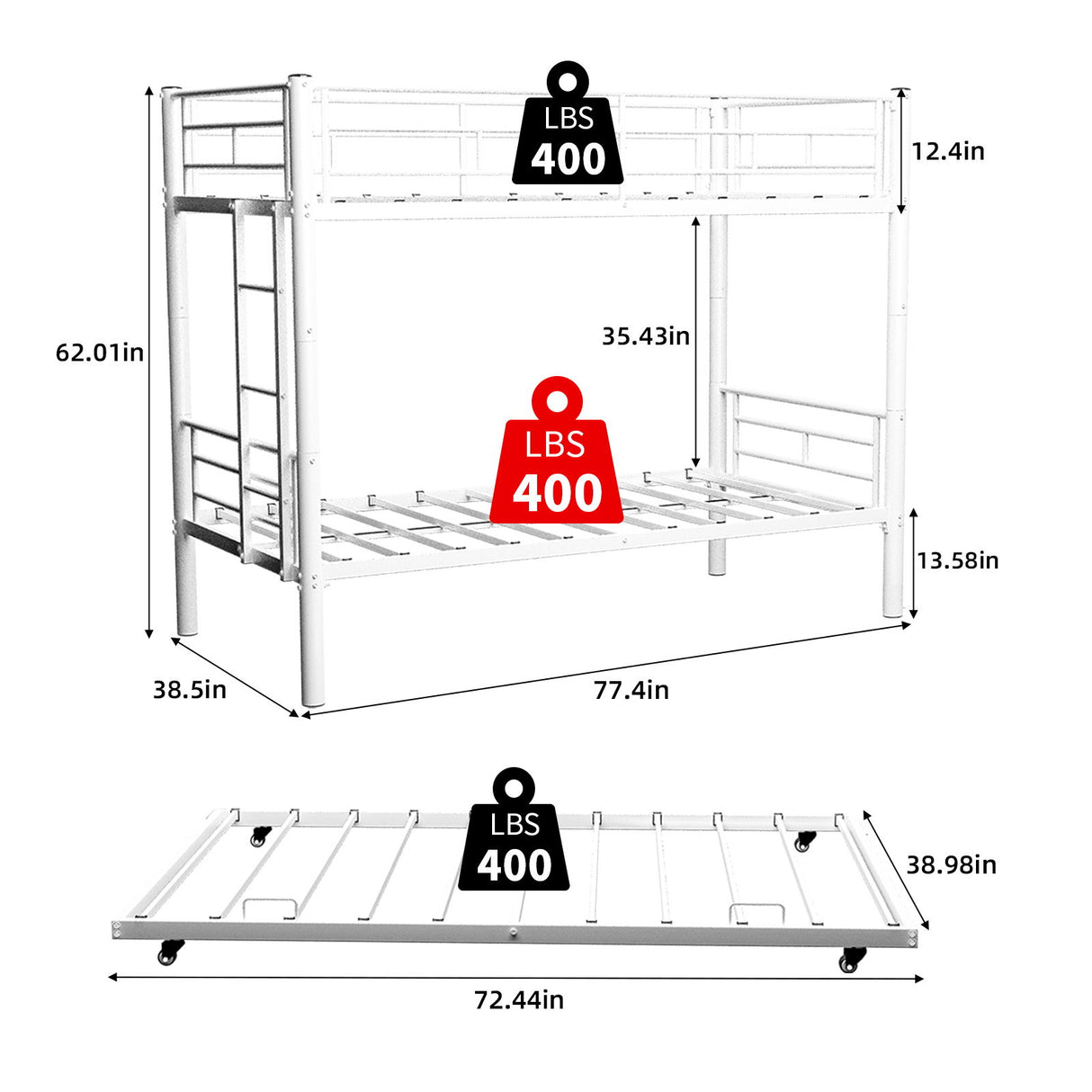 Bunk Bed For Kids, Convertible Frame With Ladders & Guardrail