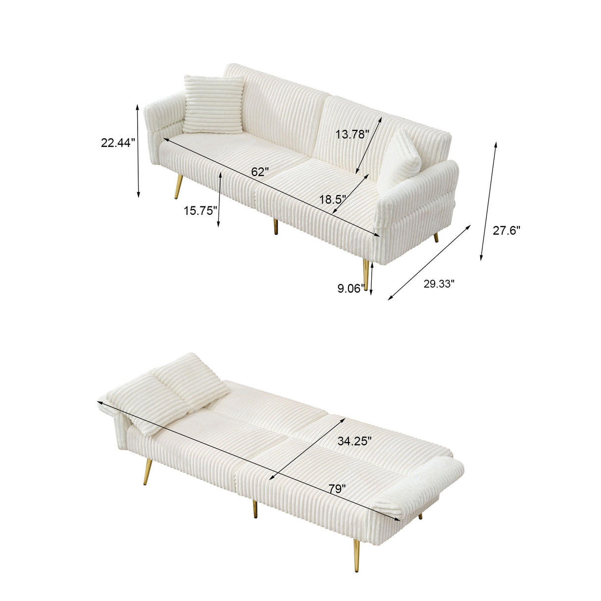 Luxury Corduroy Foldable Double Sofa Bed With Folding Armrests