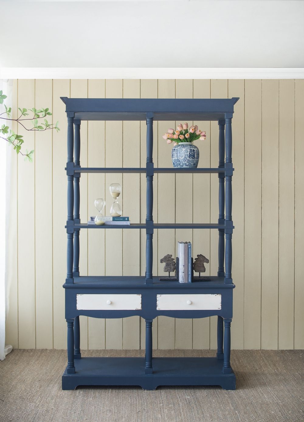 4 Tiered Wooden Shelf With Two Drawers, Farmhouse Wood Bookcase Display Storage Shelf Etageres - Antique Navy Blue