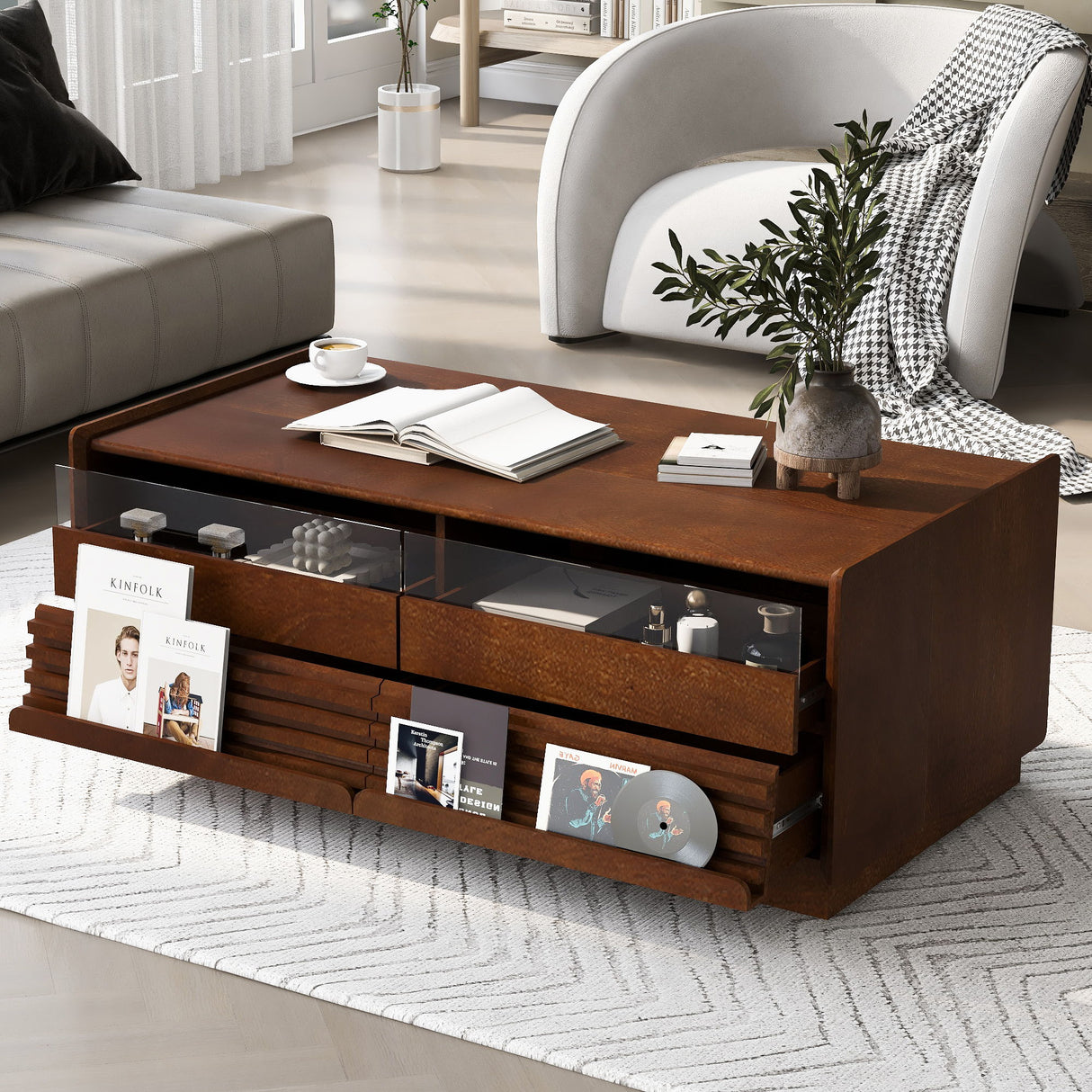 Modern Rectangle Coffee Table With 4 Drawers And 2 Display Shelves