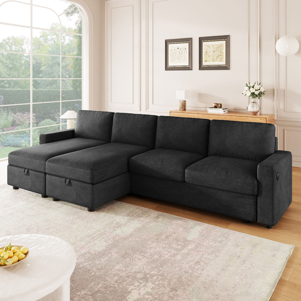 Convertible Sectional Sofa With Storage Chaise Lounges And USB Ports