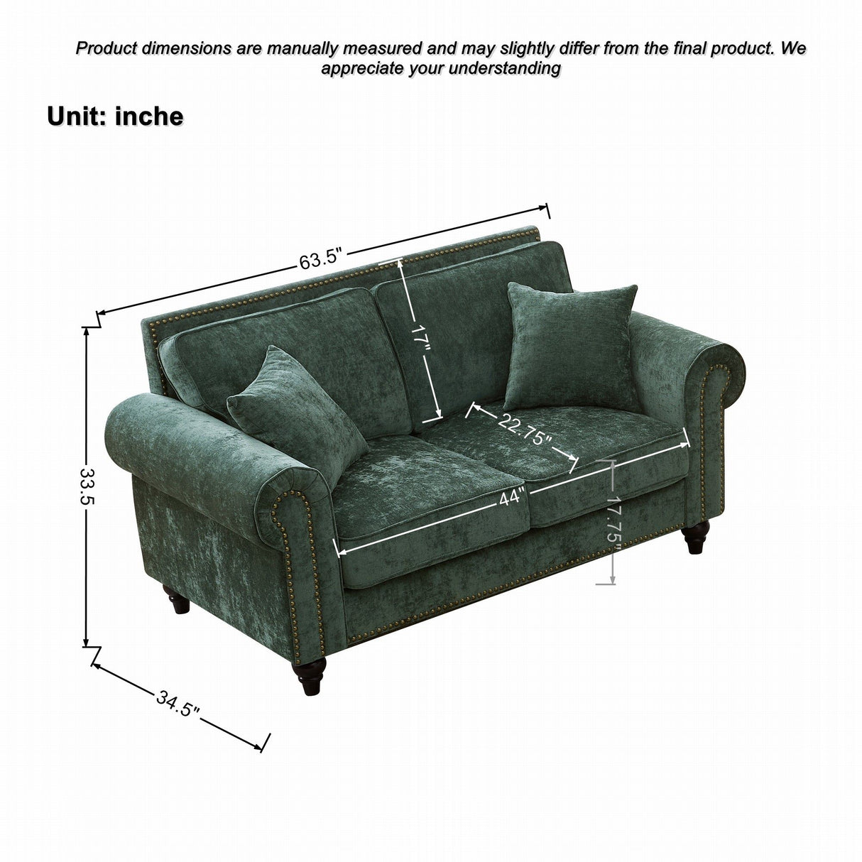 2 Seater Sofa With Rolled Arms, Tufted Upholstered Couch