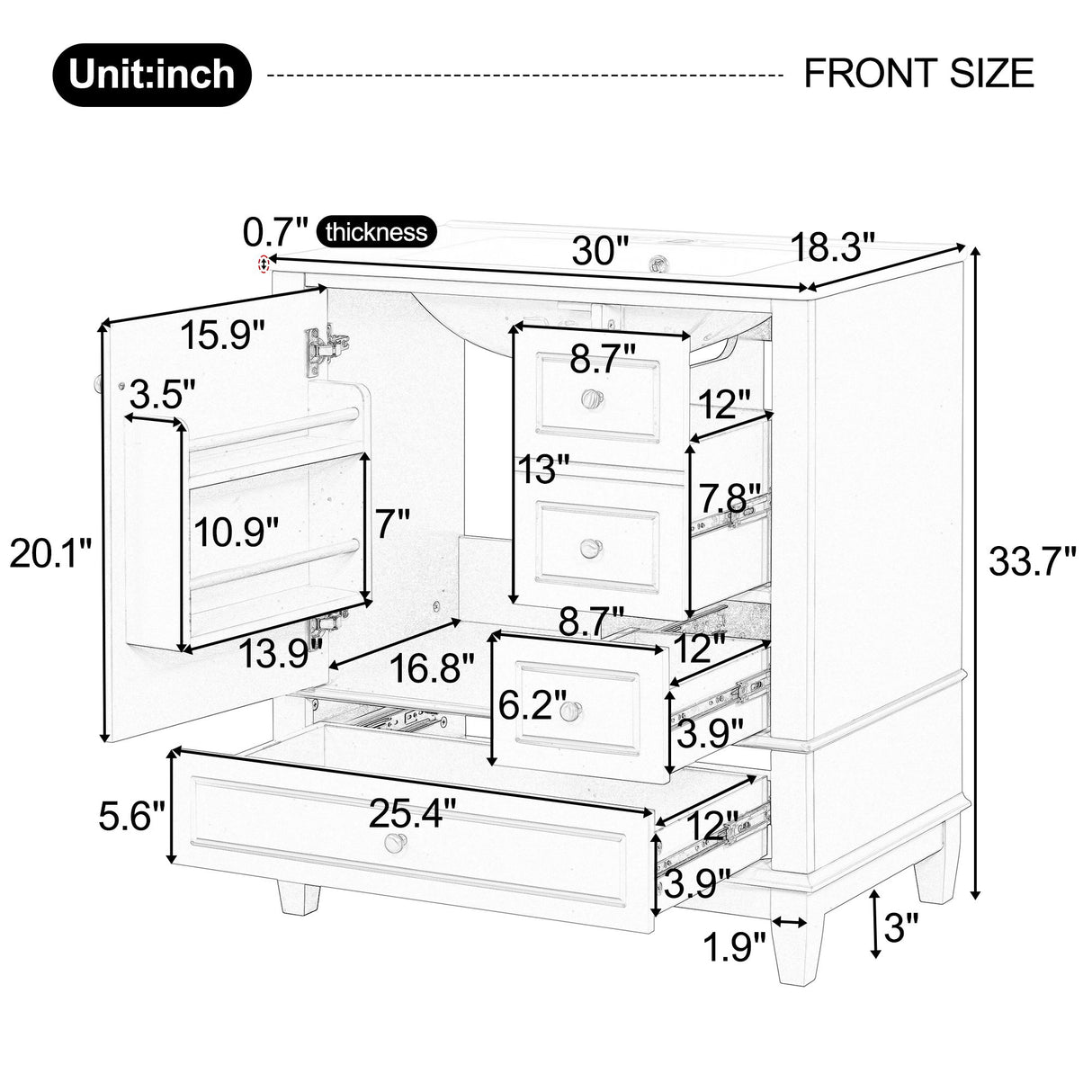 30" Bathroom Vanity With Sink, 1 Door With Shelf And 3 Drawers, Soft Close Door - Black