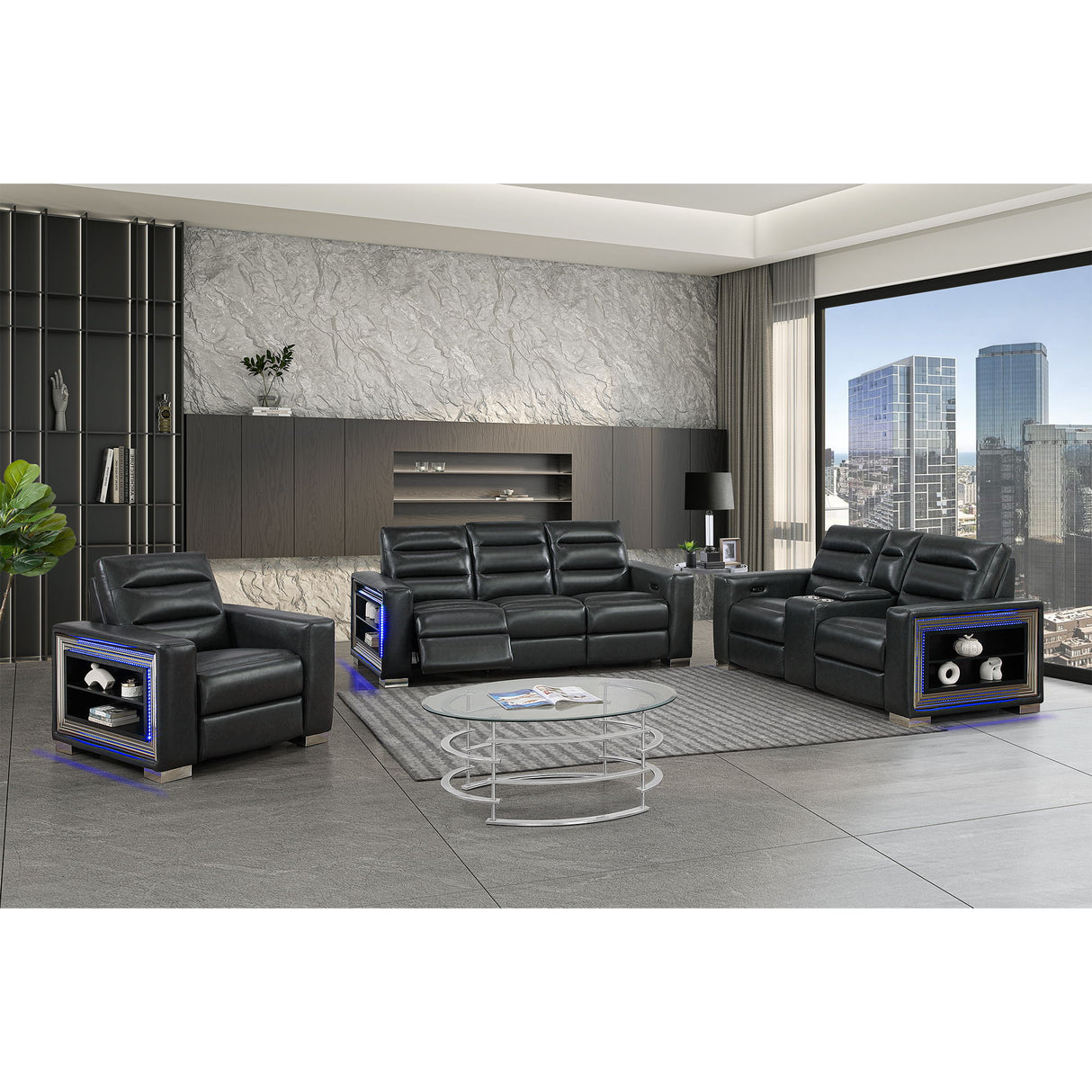 Yamein - Power Reclining Sofa With Bookcase Arms And LED Lights - Charcoal