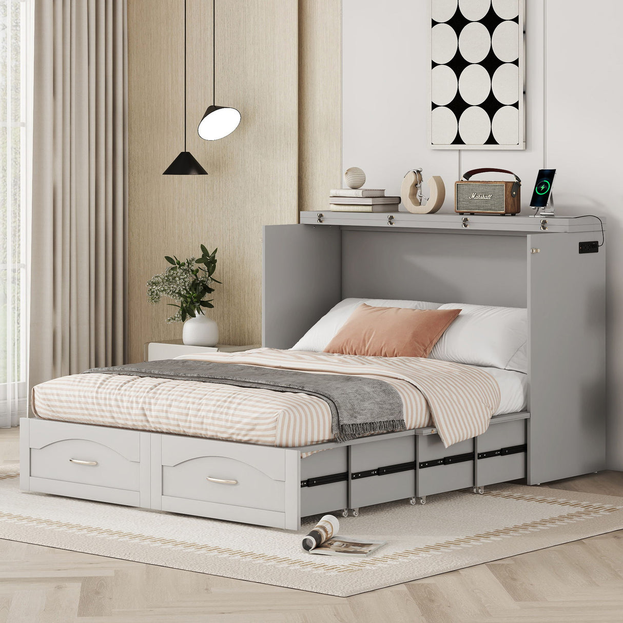 Murphy Wall Bed With Drawer And A Set Of Sockets & USB Ports, Pulley Structure Design