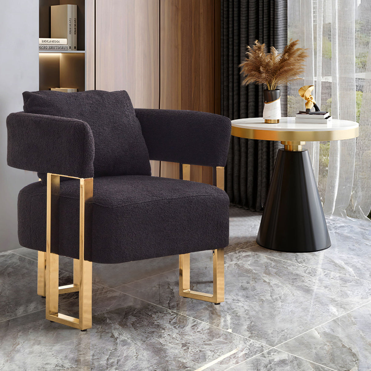 Modern Decorative Chair Teddy Fleece Upholstered And Metal Foot