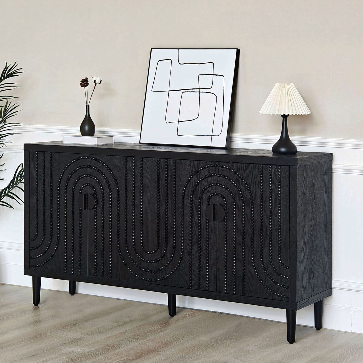 Modern Sideboard Cabinet With Decorative Nailhead Accents, Stylish Storage Solution For Dining, Living Rooms - Black